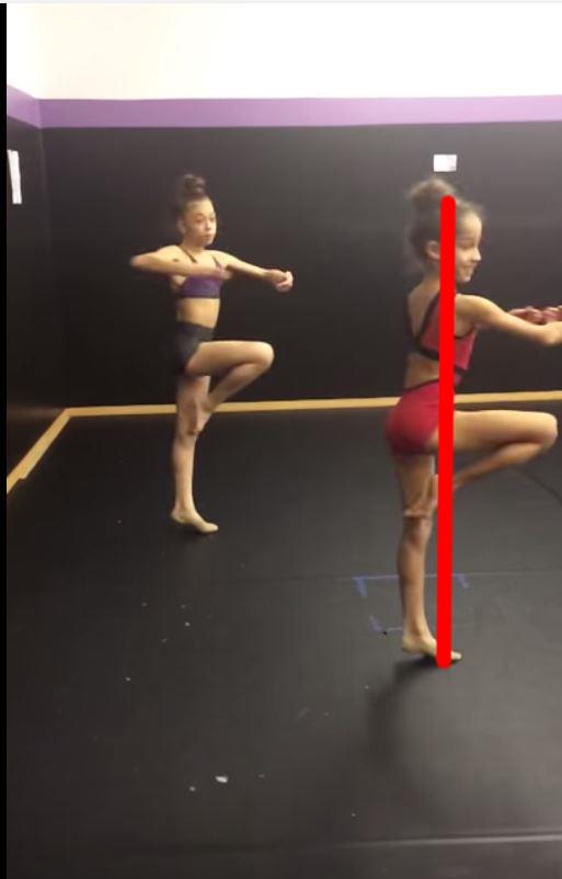Screenshot of two dancers doing pirouettes. They are leaning forward but the plumb line is still there.